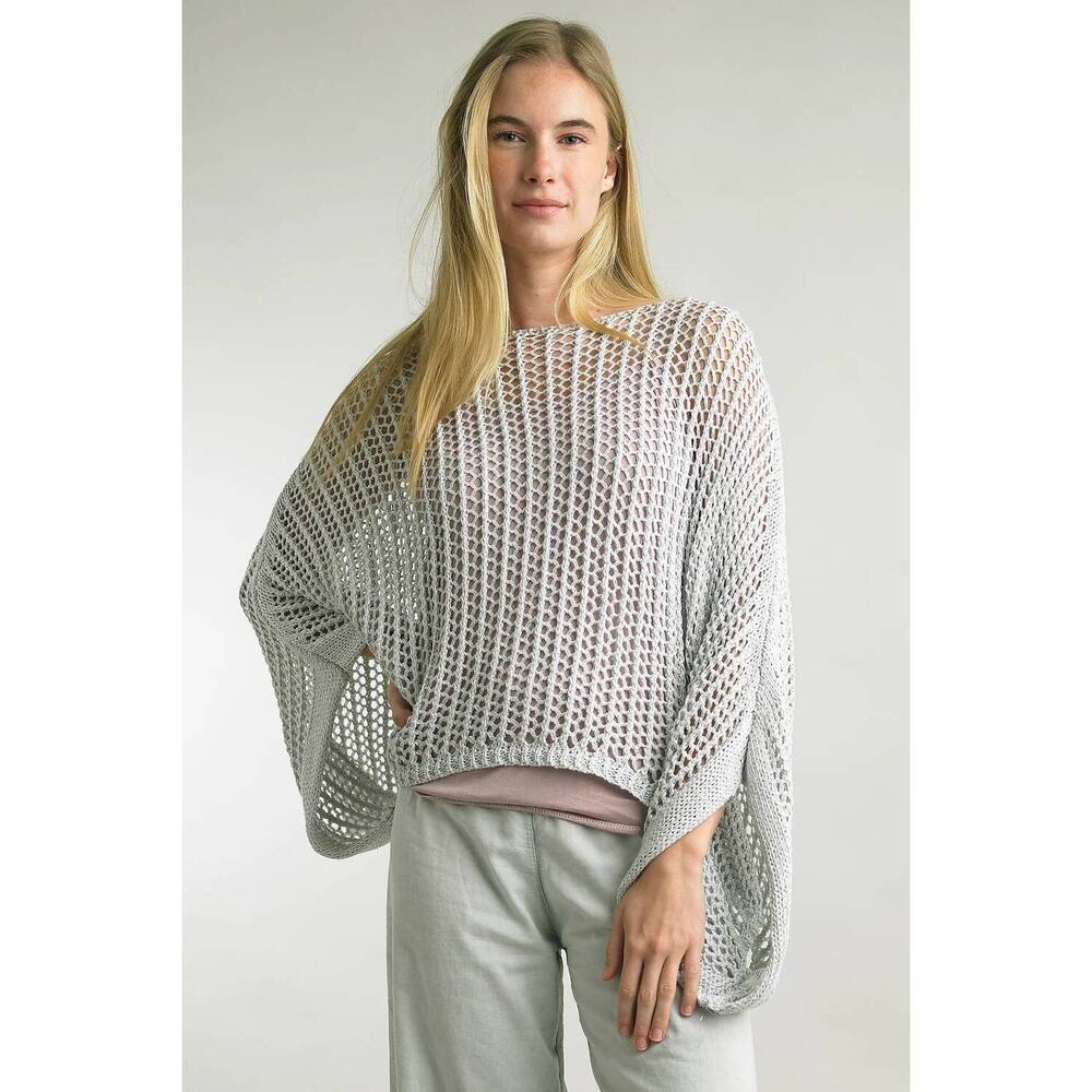 NEW TEMPO PARIS metallic crochet poncho top in silver